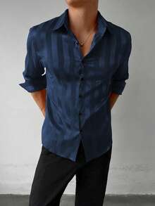 Men's Striped Print Button-Front Casual Long Sleeve Shirt - Navy Blue - View 5