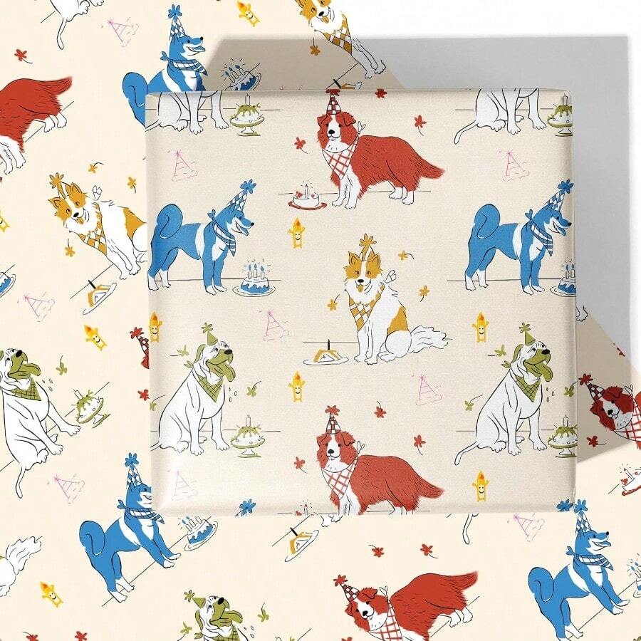 Dog Wrapping Paper For Birthday - Yellow Gift Wrap Dessert Cake Candles Birthday Hat Akita Corgi Shepherd For Party Holiday 4 Folded Sheets 28 X 40 Inch Easy To Store - Yellow - View 1