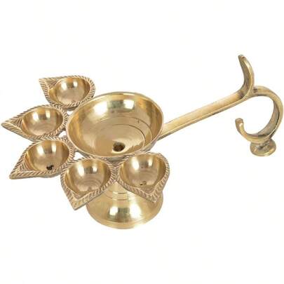 Golden Decorative Brass Diya With Stand And Holder Puja Room Oil Lamp Decoration Items For Home Decor Office Temple Pooja Decor Gifts 5 Face Diya