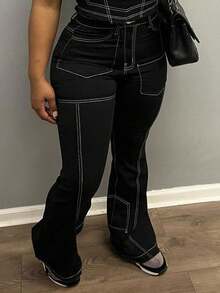 Plus Size Women Skinny Jeans With Topstitching Decor Flared Pants - màu đen - Xem 6