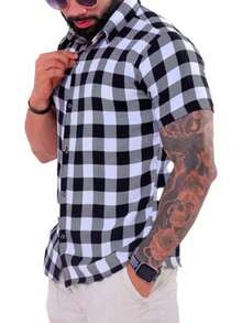 Men's Short-Sleeved Plaid Shirt For June Festivals, Viscose Linen - 白色 - 查看 3