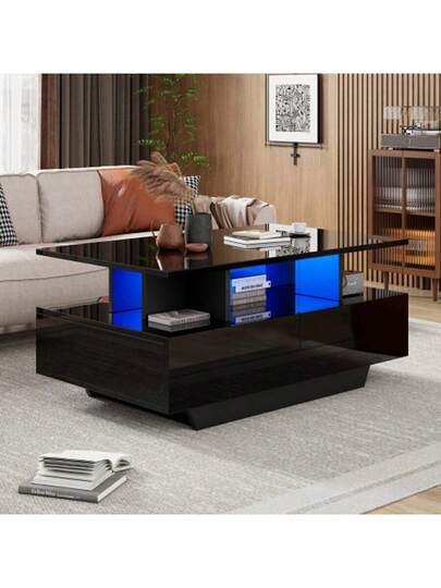 Moderne High Gloss Coffee Tafel LED Lighting Drawers Stylish 90x55x41 Cm Side Storage Space, Load Capacity Up To 30 Kg