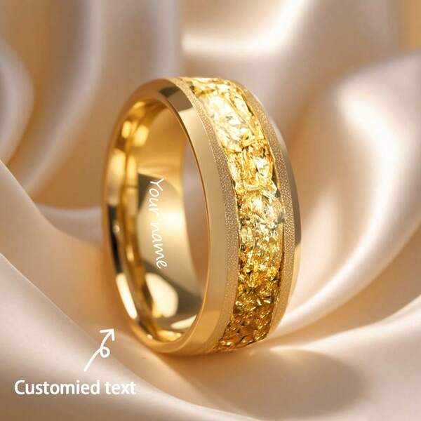 1 pièce Bague en acier au tungstène de 8 mm avec finition mate - Accent en feuille d'or de luxe, bague de mariage/fiançailles élégante, surface polie, ajustement confortable, design gravé, alliance de couple, cadeau pour lui