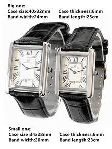 Pablo Raez 原创魅力情侣腕表，奢华男女经典腕表，长方形罗马数字复古中性不锈钢情侣腕表，带日期显示，银色表盘，黑色超细纤维皮革表带，时尚全新 AAA 设计男女石英腕表