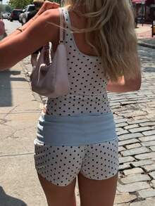 Fold Over Mini Shorts For Women Elastic Waist Low Rise Skinny Lounge Shorts Y2k Foldover Polka Dot Summer Mini Short Casual Pajama Bottoms Micro Shorts Slim Fit Going Out Mini Shorts - 藍色 - 查看 7