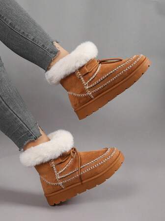 Women's Solid Color Thermal Lined Warm Snow Boots, Women's Fashion Comfortable Round Toe/Lace-Up Decor/Stitching Short Boots Casual Boots, Autumn/Winter,Fur Boots