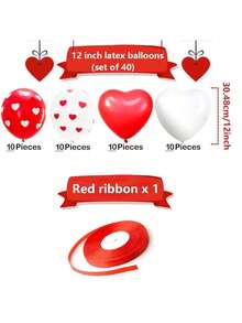 40pcs Red & White Heart Shaped Balloons, 12 Inches/30.48cm, Suitable For Valentine's Day, Wedding, Romantic Decoration, Birthday, Engagement, Graduation Party, Christmas, New Year, Mother's Day, Anniversary Party Decoration, Indoor & Outdoor Decor - Multicolor - View 2