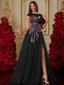 New Embroidered Pearl Formal Evening Dress, High-End Elegant - Black - View 3