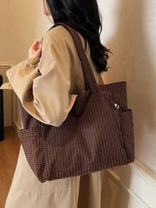 Koreanischer & japanischer Stil karierter kaffeebrauner Shopper, minimalistischer Damen-Handtasche mit Mehrfachtaschen und großer Kapazität, mit Reißverschluss, faltbar, geeignet für täglichen Gebrauch, Lässig, Schule, Uni