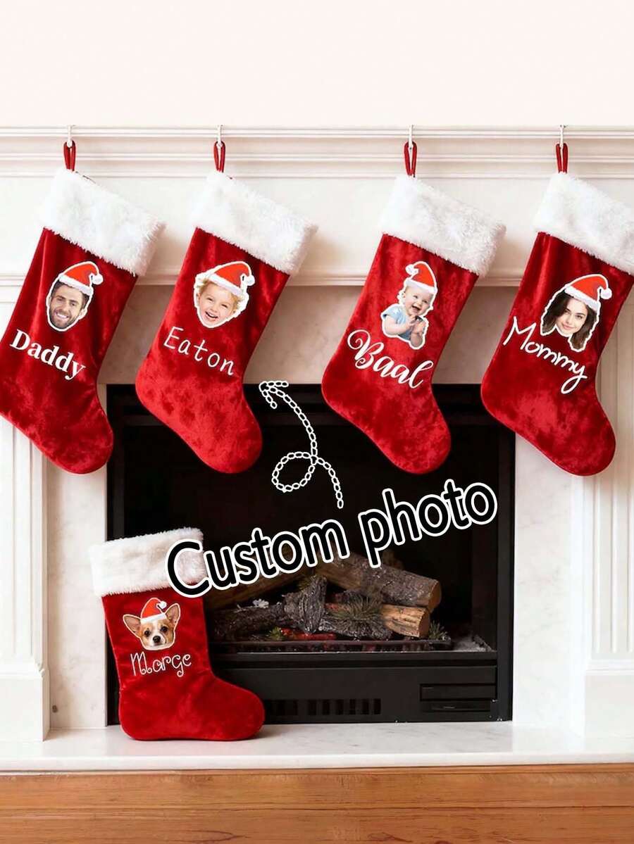 Customized Pet Photo Christmas Stockings | Personalized Family Socks | Dog Cat Christmas Gifts | Holiday Home Decor | Christmas 2025, Christmas Gifts, Perfect Christmas Gifts - Elegant Calligraphy Font - Christmas Gifts, Gifts For Family, Christmas Gifts