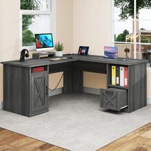 59 Inch L-Shaped Desk With Power Outlet & USB Ports Office Desk With File Cabinets Large Computer Desk With Drawers 2 Person Corner Desk Writing Desk With Storage Shelves Dark Gray - 灰色 - 查看 1
