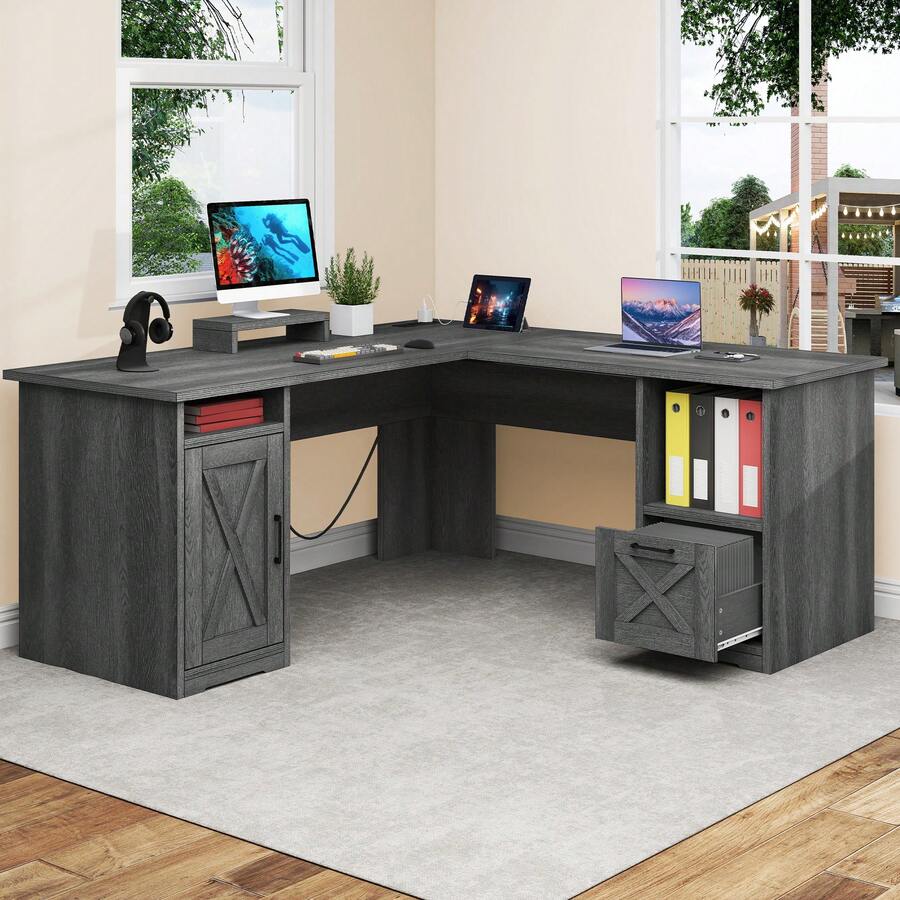 59 Inch L-Shaped Desk With Power Outlet & USB Ports Office Desk With File Cabinets Large Computer Desk With Drawers 2 Person Corner Desk Writing Desk With Storage Shelves Dark Gray - 灰色 - 查看 1