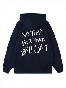 女款時尚秋冬連帽衛衣，印有「No Time For Your」圖案，柔軟舒適，毛茸茸秋冬上衣 - 藏蓝色 - 查看 9