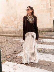 Women's Elegant Polka Dot Skirt Elasticized Waistband Flowy Maxi Satin Skirt - trắng - Xem 2