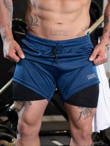 ROCK SAINTS Men's 2-In-1 Dry Fit Bermuda Shorts For Gym, Running, And All Ages - Regular Fit With Drawstring - Sports Shorts - Blue - View 2