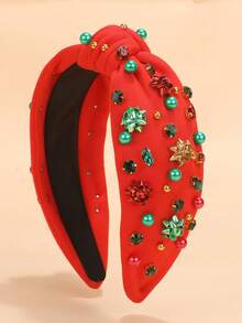 1 قطعة شريط رأس بعناصر عيد الميلاد من القماش، قبعة عيد الميلاد ذات اللؤلؤ الاصطناعي والراين، مزينة بالأجراس والثلج، إكسسوار أساسي لعيد الميلاد (شريط رأس أحمر أو أخضر)، شريط شعر، دياديما، حلقة شعر