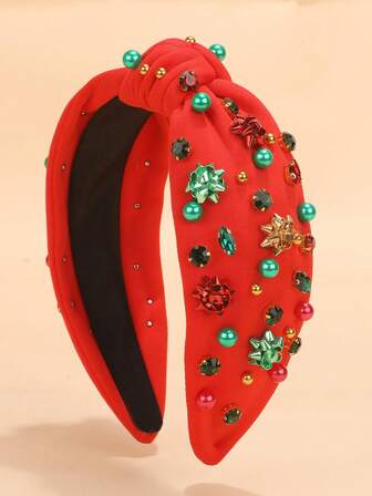 1件装布艺圣诞元素发箍，时尚仿珍珠水钻圣诞帽，铃铛，雪花装饰，圣诞节必备头饰（红色、绿色发箍），发带，头饰，发箍