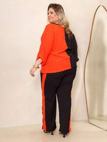 Maison Set: Raglan Sleeve Blouse And Plus Size Summer Pants - 橘色 - 查看 6