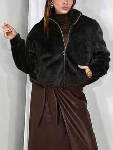 Women's Solid Daily Casual Zip Up Drop Shoulder Loose Fit Flannel Bomber Jacket Fuzzy Coat - Black - View 1