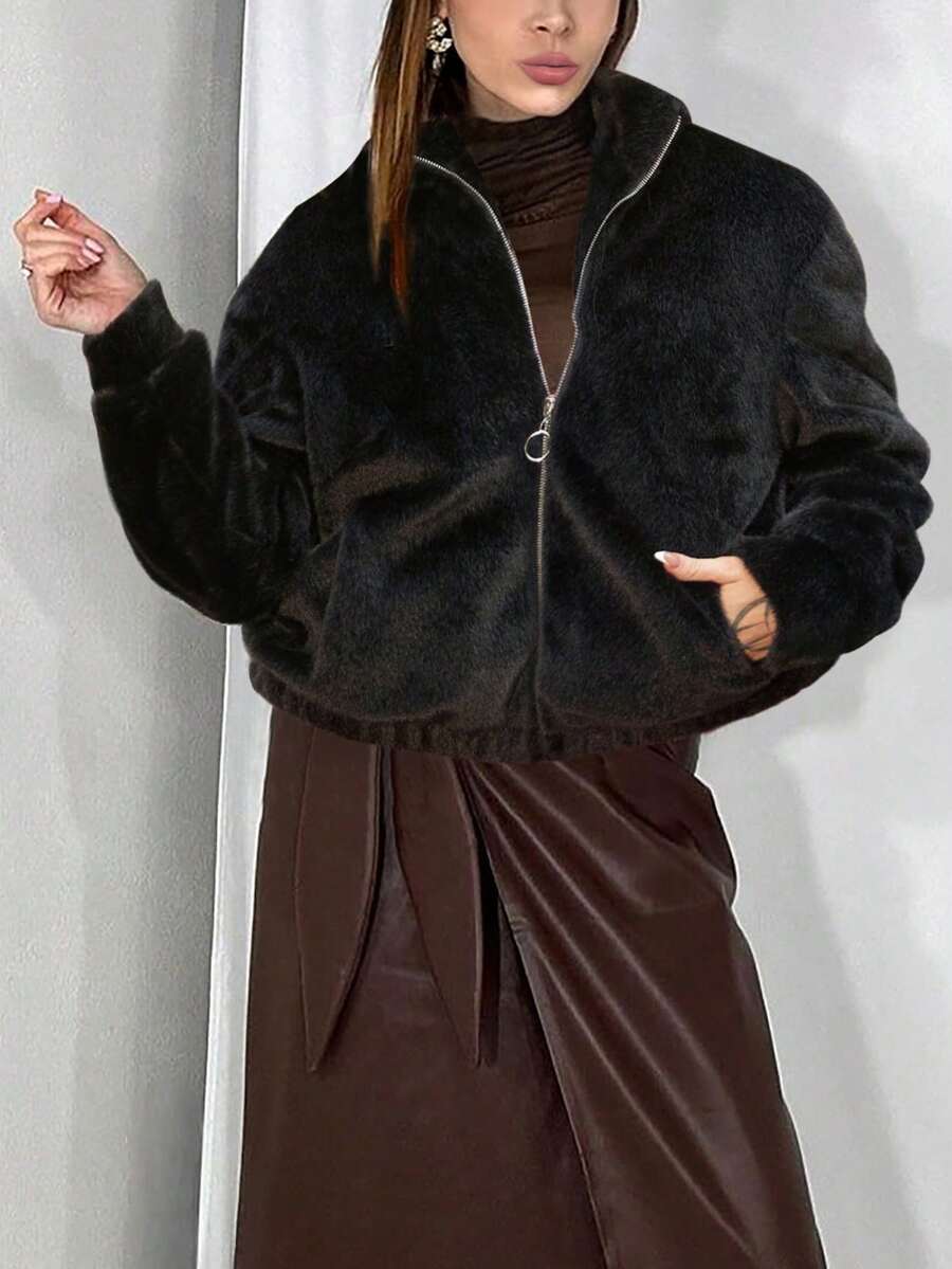 Women's Solid Daily Casual Zip Up Drop Shoulder Loose Fit Flannel Bomber Jacket Fuzzy Coat - Black - View 1