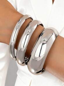 3pcs Vintage Exaggerated Luxurious Geometric Design Wide Metal Bangle Bracelets, Suitable For Women's Daily, Party, Vacation Wear, Gift - Silver - View 9