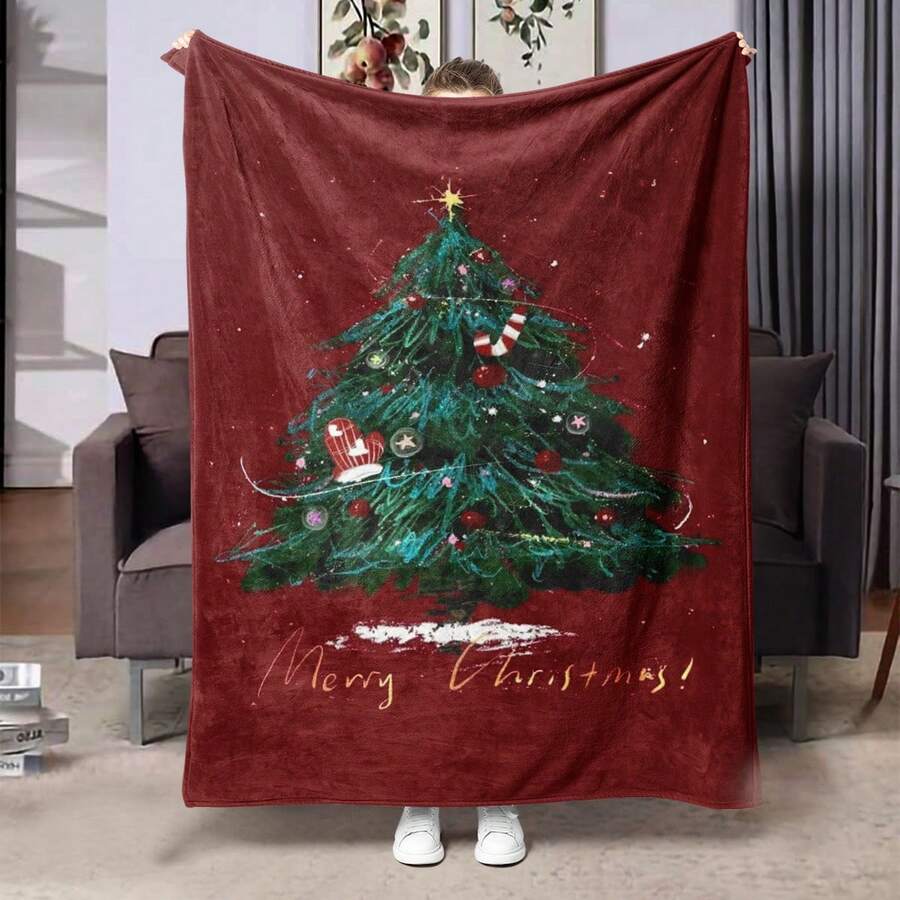 1pc Christmas Tree Printed Blanket, Warm, Soft And Comfortable Flannel Blanket Suitable For Sofa, Bed, Car, Office, Room, Camping, Travel, All Season Gift Blanket