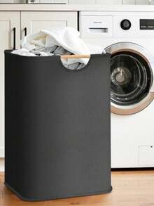 1pc Waterproof Laundry Basket, Cute Wooden Handle Laundry Basket, Suitable For Laundry Room, Bathroom, Living Room, Storage Basket, Foldable Laundry Basket, Doll Storage Basket - Black - View 4