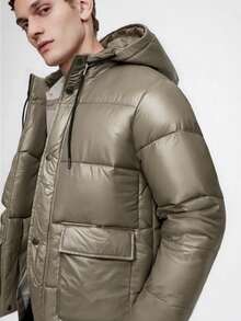 Men's Casual Cotton Padded Hooded Jacket, Simple Design - Brown - View 3