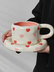 1 set Taza y platillo de cerámica pintados a mano de manera adorable - Diseños de corazón, cereza y floral para café, té, decoración del hogar y regalos