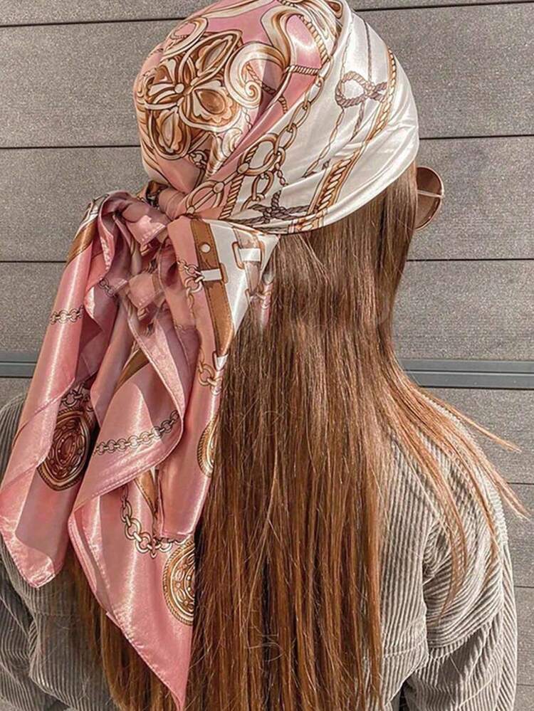 1pc Women's Fashion Chain & Rope Print 90s Square Scarf,Bandana For Spring And Autumn Decoration Bandana,Hair Band,Head Band Ideal For Dressing Up Your Look