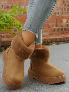 女士冬季新款时尚百搭厚底雪地靴，套脚踝靴，学生保暖靴，舒适面包靴，毛绒靴