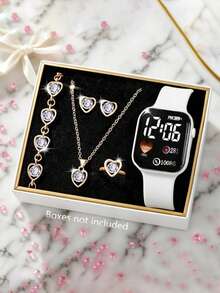 Set de 6 piezas de reloj digital con forma de corazón LED, estilo lindo y casual, con correa de silicona, equipado con pulsera de joyería, collar, anillo, juego de aretes, adecuado para regalo, escuela, ceremonia de graduación y otras ocasiones, ideal para estudiantes, perfecto para la vida diaria como volver a la escuela, fiestas y viajes, regalos de cumpleaños, temporada de graduación, regalo perfecto para niñas - Multicolor - Ver 14
