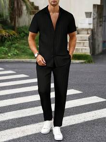 Men's Casual Summer Set, Striped Short-Sleeve Button-Down Shirt & Elastic Waist Pants - Negro profundo - Ver 1