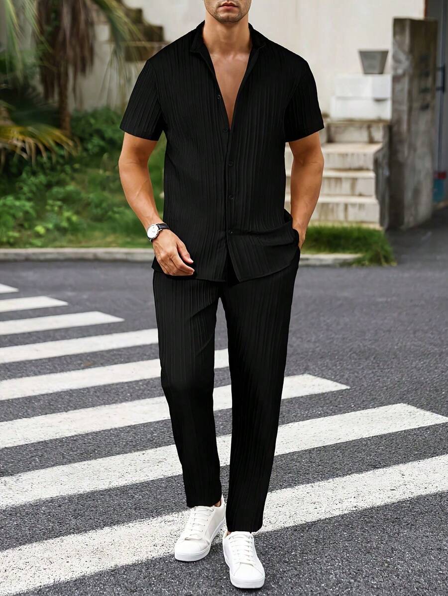 Men's Casual Summer Set, Striped Short-Sleeve Button-Down Shirt & Elastic Waist Pants - Negro profundo - Ver 1