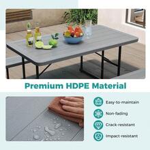 Picnic Table Bench Set For 24 People Outdoor Rectangular Camping Dining Table And 2 Benches W Umbrella Hole AllWeather HDPE Tabletop HeavyDuty Metal Frame Grey+Black