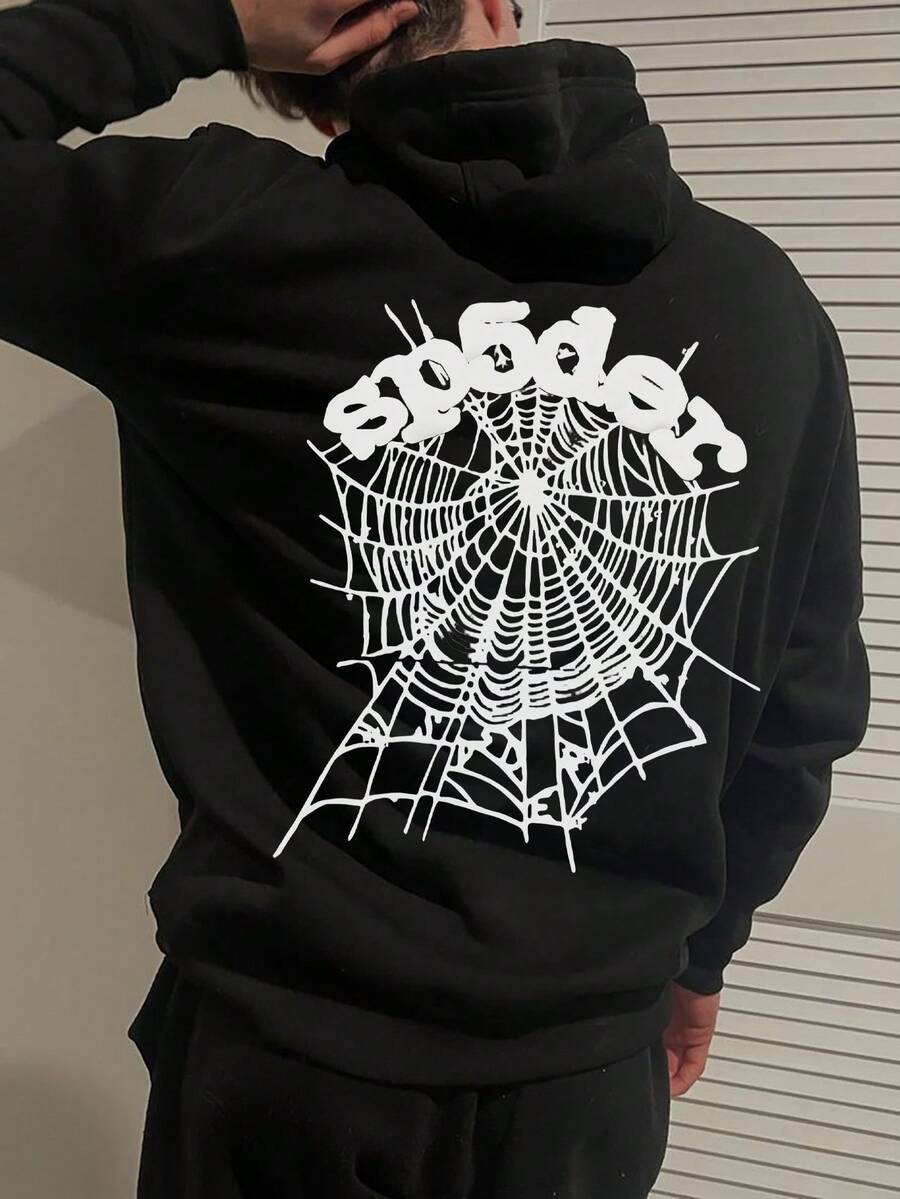 Men's Y2K Spider Web & Letter Graphic Back Print Hoodie, Goth Streetwear Pullover, Grunge Hoodie Men, Hip Hop Hoodie, Halloween Clothes, Black Hoodie, Hoodies Graphic, Men's Clothing, Sweatshirts For Men, Men Fall Clothes, Winter Clothes For Men, Sudaderas Para Hombre - màu đen - Xem 1