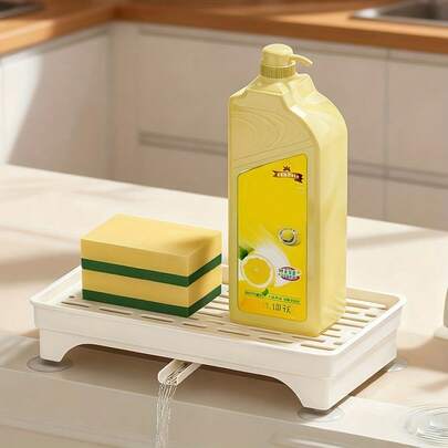 1pc Space-Saving Sponge Holder With Drip Tray - Sturdy Plastic Sink Organizer With Built-In Drainage, No Drilling Required, Removable & Washable Storage Compartment, Suitable For Kitchen And Bathroom - Holds Sponges, Towels, Brushes