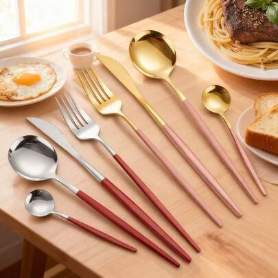 【多种颜色可选】4件套葡萄牙风格不锈钢西式餐具套装，包括牛排刀叉、咖啡勺和茶匙，可放入洗碗机清洗，适合家庭和商业用途。