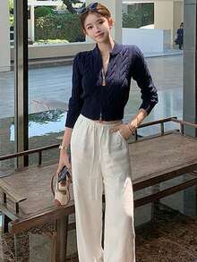 Women's Sweet Retro Style Dual Zipper Cable Knit Cardigan - Navy Blue - View 7