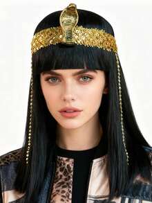 باروكة سوداء مستقيمة متوسطة الطول على الطراز المصري مع إكسسوارات رأس الثعبان للأزياء والاحتفالات، باروكة ملكة ذات طابع رجعي، باروكة سينتيتيك مستقيمة سوداء بطول 18 بوصة مع غرة مسطحة مناسبة للأعياد والكرنفالات والحفلات الموسيقية والتصوير الفوتوغرافي وكوميك كون وعيد الميلاد ورأس السنة، مظهر طبيعي، مناسبة للمبتدئين - الأسود - مشاهدة 5