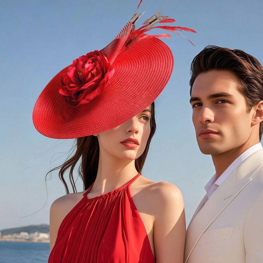 Womens Baptism Wedding Cloche Hat Tea Party Derby Dress Hats Sun Hat Straw Cap Party Garden Travel - 紅色 - 查看 1