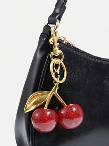 Women's Fall Outfits, Floral Patterned Fabric, Cute Pendant Decor, Cherry Pendant, Women's Minimalist One Shoulder Bag, Zipper Closure, Retro Style, Underarm Bag, Suitable For Multiple Occasions Glossy Leather,Shoulder Bags For Women,Handbags For Women,Cherry Keychain,Bag Charms,Black Purse,Carteras Para Mujer,Purses And Bags Women,Bolsos Para Mujer, Valentine's Day,Valentines,Carteras Para Mujer,New Year,    [Cherry Accessory Included Randomly] Please Do Not Purchase If You Mind.,Valentine's Day,New Year - 黑色 - 查看 3