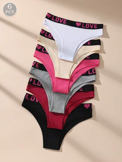 6条装女士爱心字母图案弹力腰带纯棉透气三角裤，休闲运动短裤