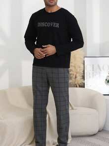 2pcs Men's Casual Sleepwear Set, Thin Round Neck Letter & Plaid Print Long Sleeve Top And Pants, Comfortable And Simple Spring/Autumn Loungewear, Winter Clothes - Multicolor - View 4