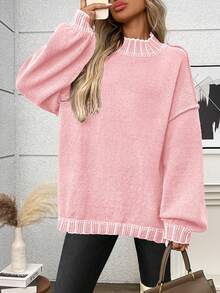 Plus Size Casual Crew Neck Striped Contrast Color Knit Pullover Sweater - Pink - View 5