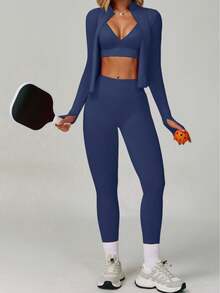 Yefecy Women's Street Style Fitness Set, Zip-Up Jacket Paired With Butt-Lifting Leggings, Fashionable Pieces Suitable For Gym To Street - Navy Blue - View 7