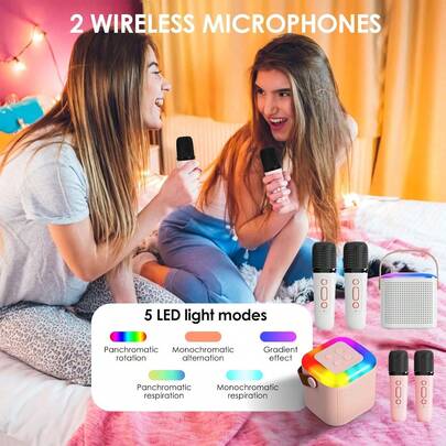 Brand New, High-Quality Mini Karaoke Machine, Equipped With 2 Wireless Microphones And A Portable Bluetooth Speaker (With RGB Adjustable Breathing Light, Voice Changing Function, And Volume Adjustment Function). Portable Karaoke Equipment, Suitable For Party Game Props, Christmas Gifts, Thanksgiving Gifts, And New Year's Gifts.