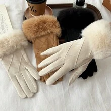 1 Pair Casual Suede Thermal Lined Warm Gloves, Winter Windproof Thickened Diamond Pattern Touch Screen Gloves For Women - Multicolor - View 3