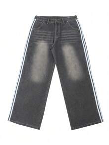 Quần jean denim đen giặt mới thời trang dành cho nam, dáng rộng, kẻ sọc hai bên đa năng - Xám - Xem 4