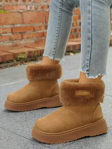 女士冬季新款时尚百搭厚底雪地靴，套脚踝靴，学生保暖靴，舒适面包靴，毛绒靴